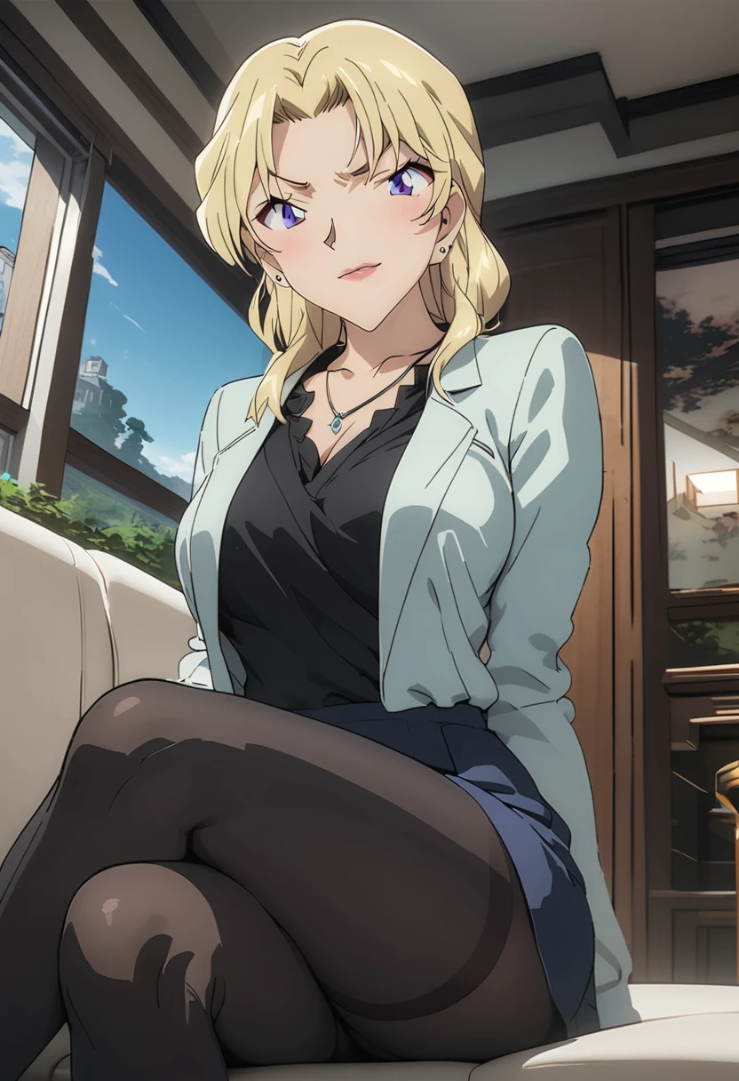 (masterpiece, best quality:1.2), ((Extremely detailed)), high resolution, Anime style , photo, photography, Detailed background,1. Beautiful woman Lei Dianming, (Pantyhose), boots,Cowboy shooting, Looking at the audience,A faint smile, earrings, skirt, Necklace, Vest, Cross your legs, From below, On the sofa, Windows, living room,Anime style，blond