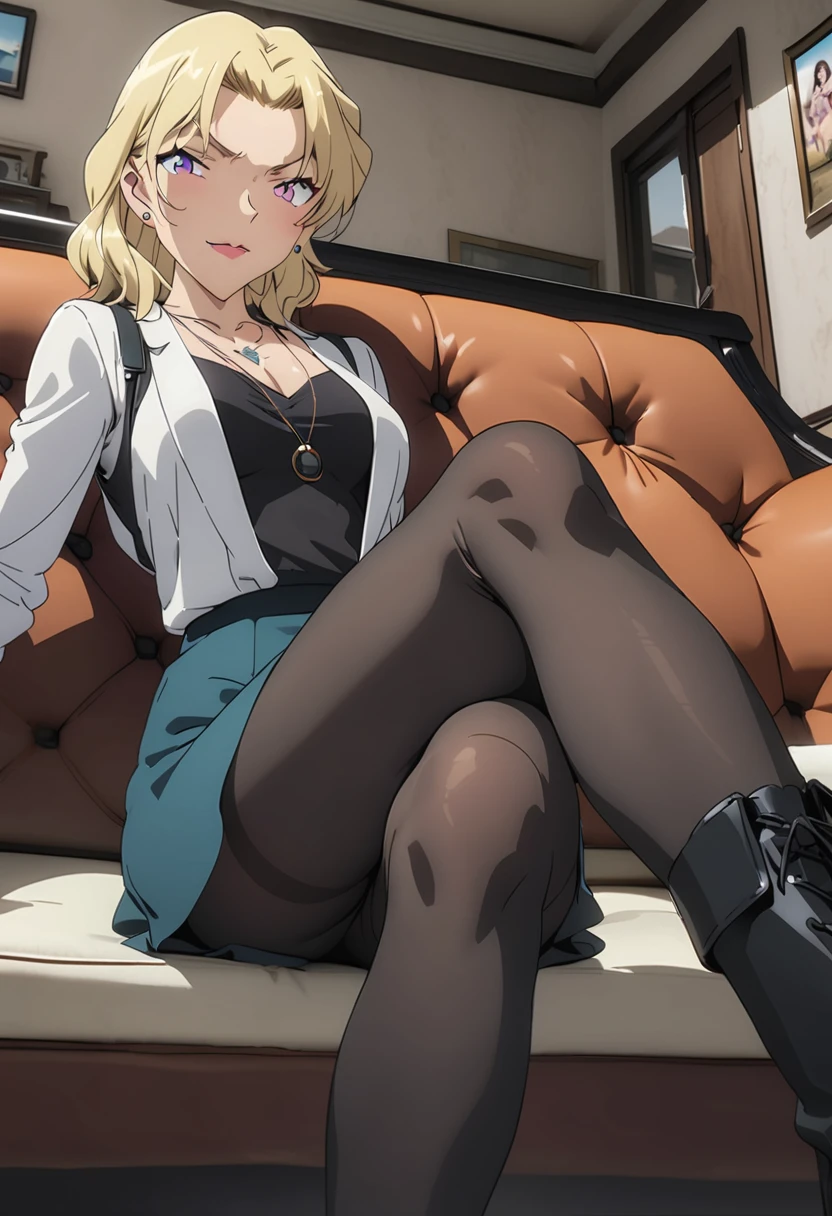 (masterpiece, best quality:1.2), ((Extremely detailed)), high resolution, Anime style , photo, photography, Detailed background,1. Beautiful woman Lei Dianming, (Pantyhose), boots,Cowboy shooting, Looking at the audience,A faint smile, earrings, skirt, Necklace, Vest, Cross your legs, From below, On the sofa, Windows, living room,Anime style，blond