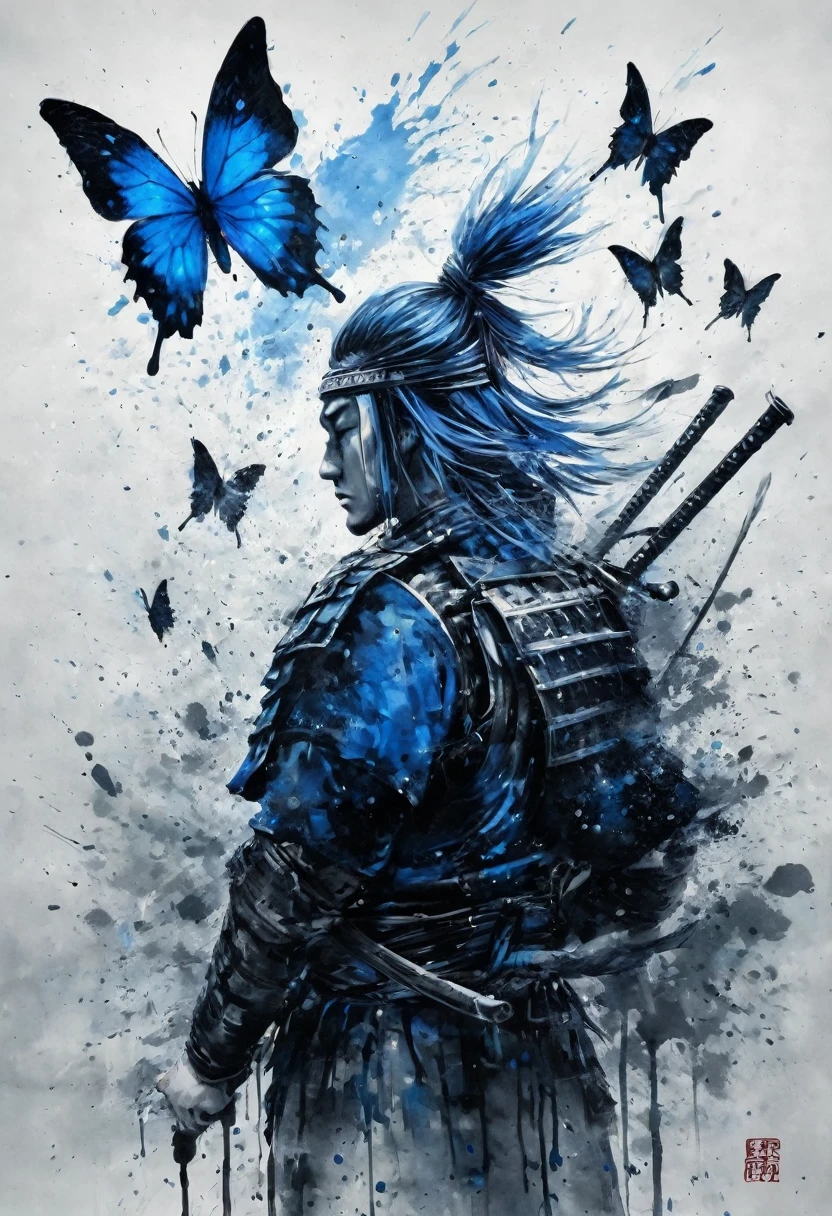 Ink Painting,Black and white painting,splash,Beautifully detailed glass hair,JUJUTSU KAİSEN,Itadori Yuuji,Samurai Armor,(Blue Butterfly々,Feather Powder),Back view,View your viewers,
