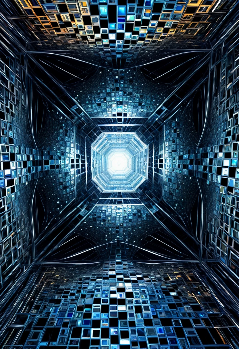 77^(3), they are entering the hypercube dimension((changing perspectives)), fractal,deep wiew,ultra high resolution,hyperdetailed, masterpiece, 3d modelling, abstract art, digital art.