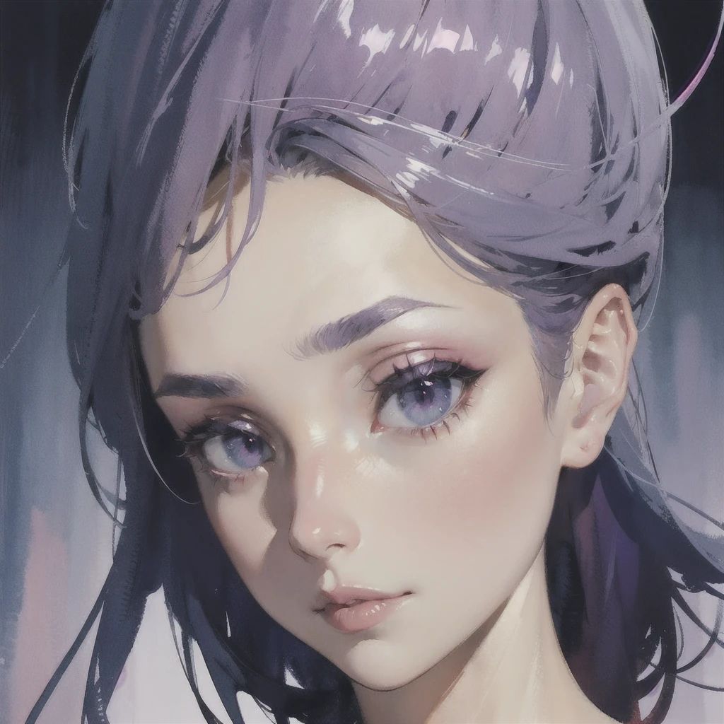 Deep subliminal, Surrealism, in watercolor style, Photorealism, discreet ruby and lilac shades, A glance from under the brow