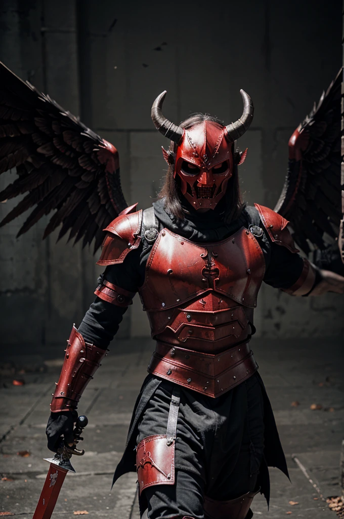 A demon with a red mask and horns was flying with black wings, his body was wearing battle armor and he was holding up a long red sword