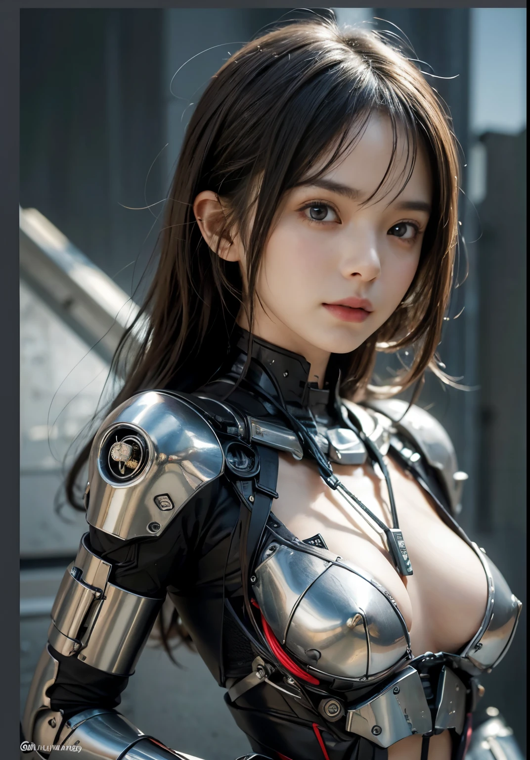 (RAW quality:1.4), highest quality, masterpiece, Ultra-high resolution, (Realistic: 1.4), RAW Photos, Mechanized girl 1 person, Japanese, , Black Hair, Glowing Skin, 1. Mechanical Girl, (Ultra-Realistic Details)), Portraiture, Global Illumination, Shadow, Octane Rendering, 8k, Ultra Sharp, Huge Bust, Underboo Boo, (Bare skin exposed from the cleavage to the lower abdomen:1.4), Metal, Intricate decorative details, Very intricate detail, Realistic Light, CGSoation Trend, Purple eyes, Glowing Eyes, To the camera, Neon Details, Mechanical Limbs, Blood vessels connected to tubes, Mechanical vertebrae attached to the back, Mechanical cervical attachment to the neck, Wires and cables that connect to the nipple, Gundam, Small LED Lamp, Cowboy Shot, pubic_hair, Machine parts wedged between her legs, 2D barcode written on skin,