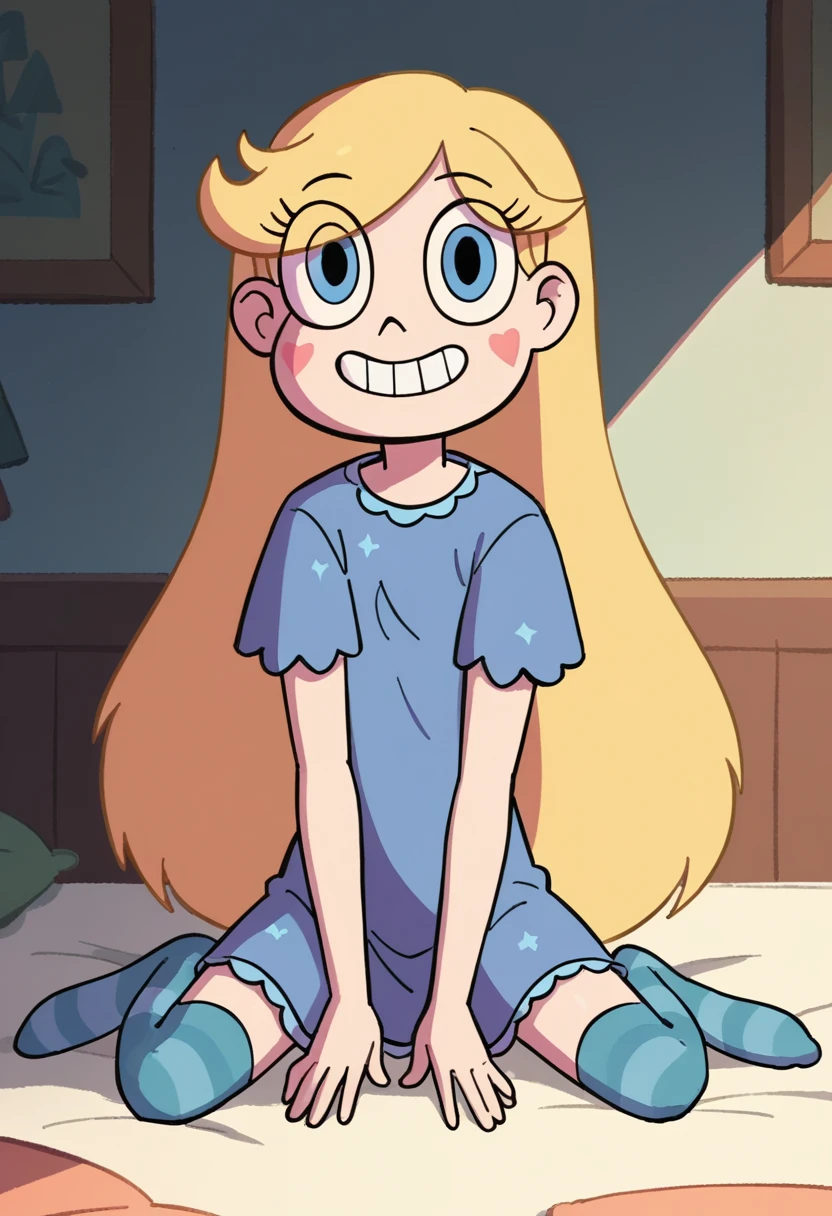 starbutterfly, kneeling, 1girl, blonde hair, solo, blue eyes, long hair, facial mark, sitting, smile, pajamas,socks, smile, bed, teeth, eyes visible through hair score_9, score_8_up, score_7_up, score_6_up, score_5_up, score_4_up, looking at viewer,indoors,