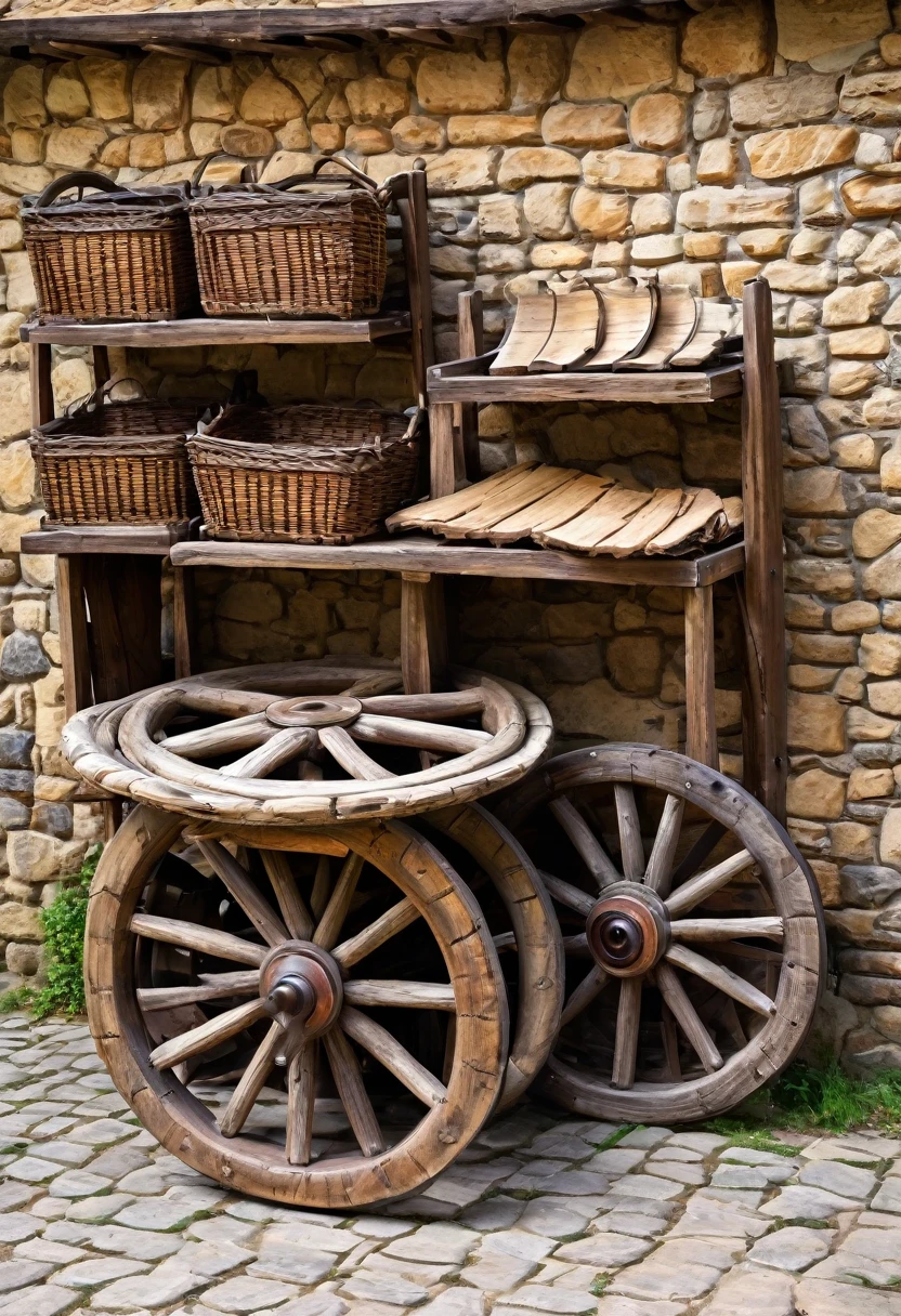 carts with wooden wheels , medieval era