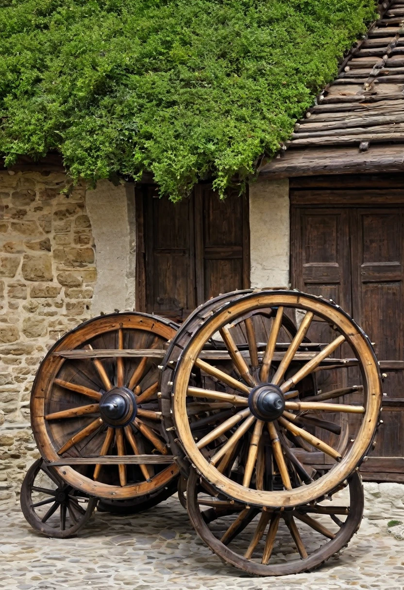 carts with wooden wheels , medieval era