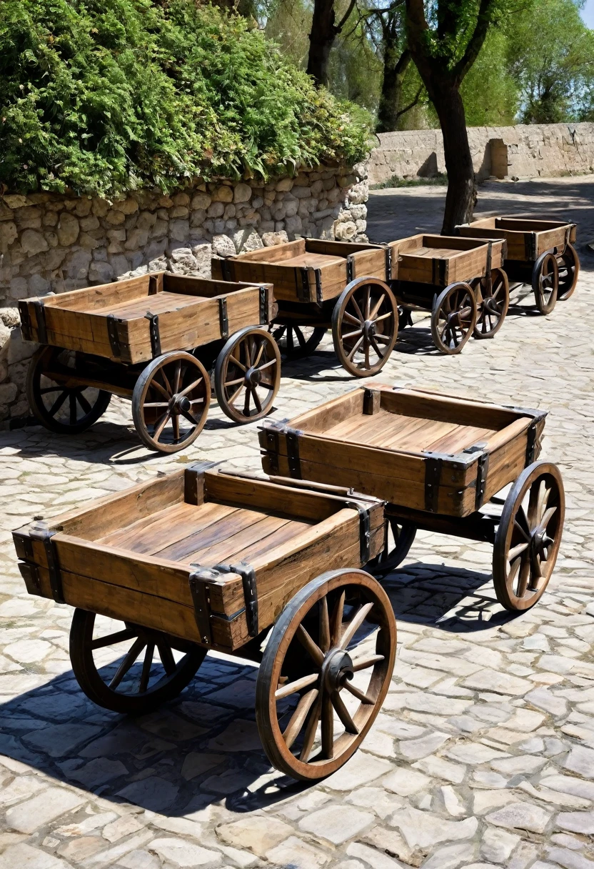 carts with wooden wheels , medieval era