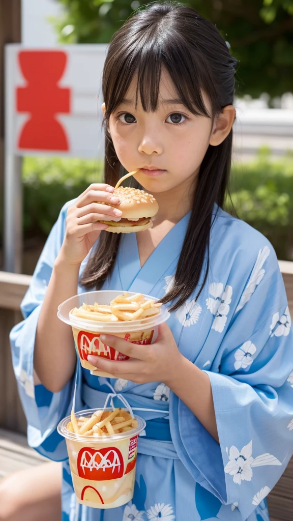  girl　Japanese　Light blue yukata　Realistic Skin　Bigeyes　Eating a Big Mac　フライドポテトを食べている