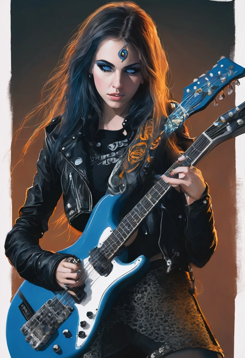 Young girl 24 years old , german traits, blue eyes, dressed in heavy metal style, playing a guitar 