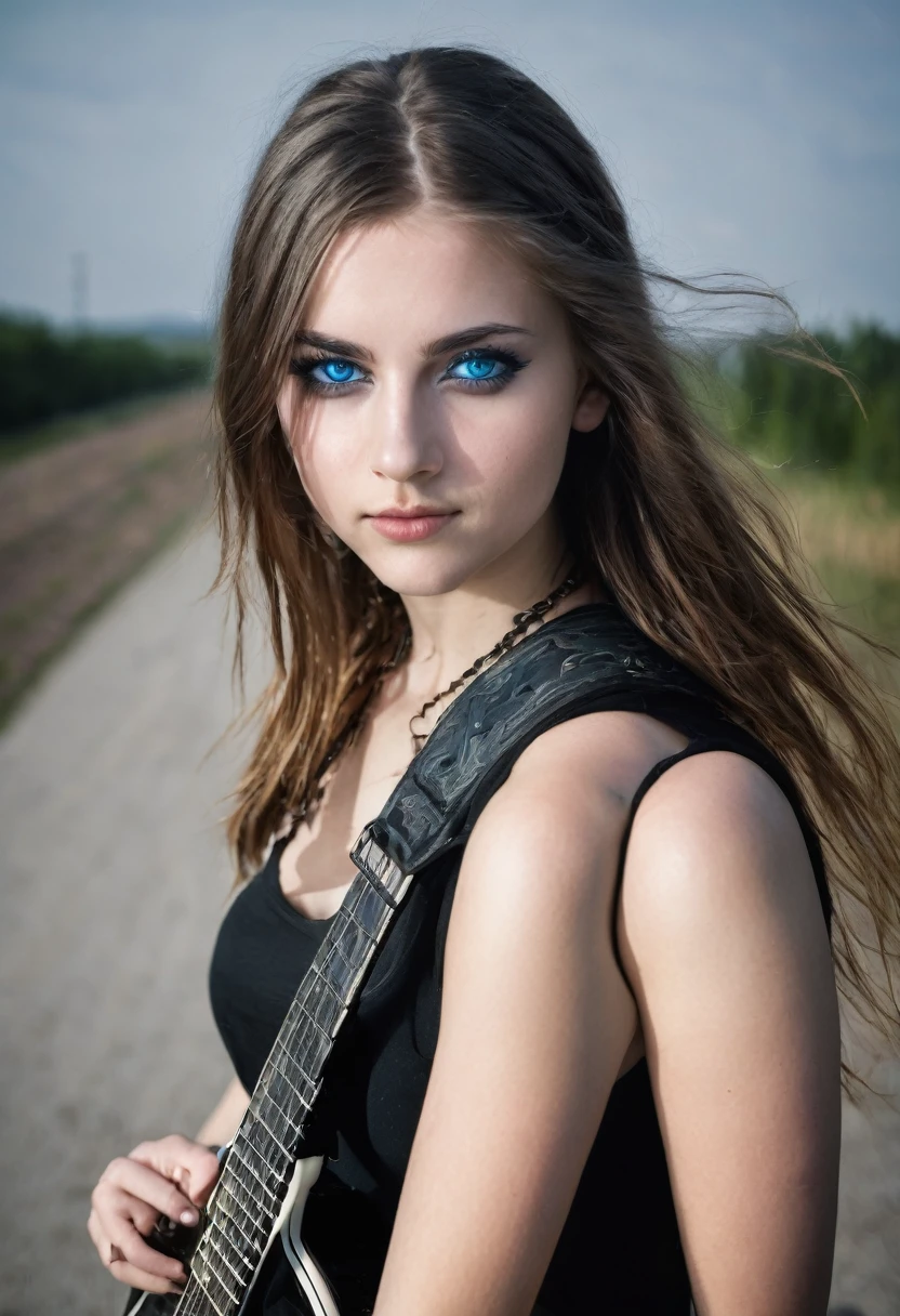 Young girl 24 years old , german traits, blue eyes, dressed in heavy metal style, playing a guitar