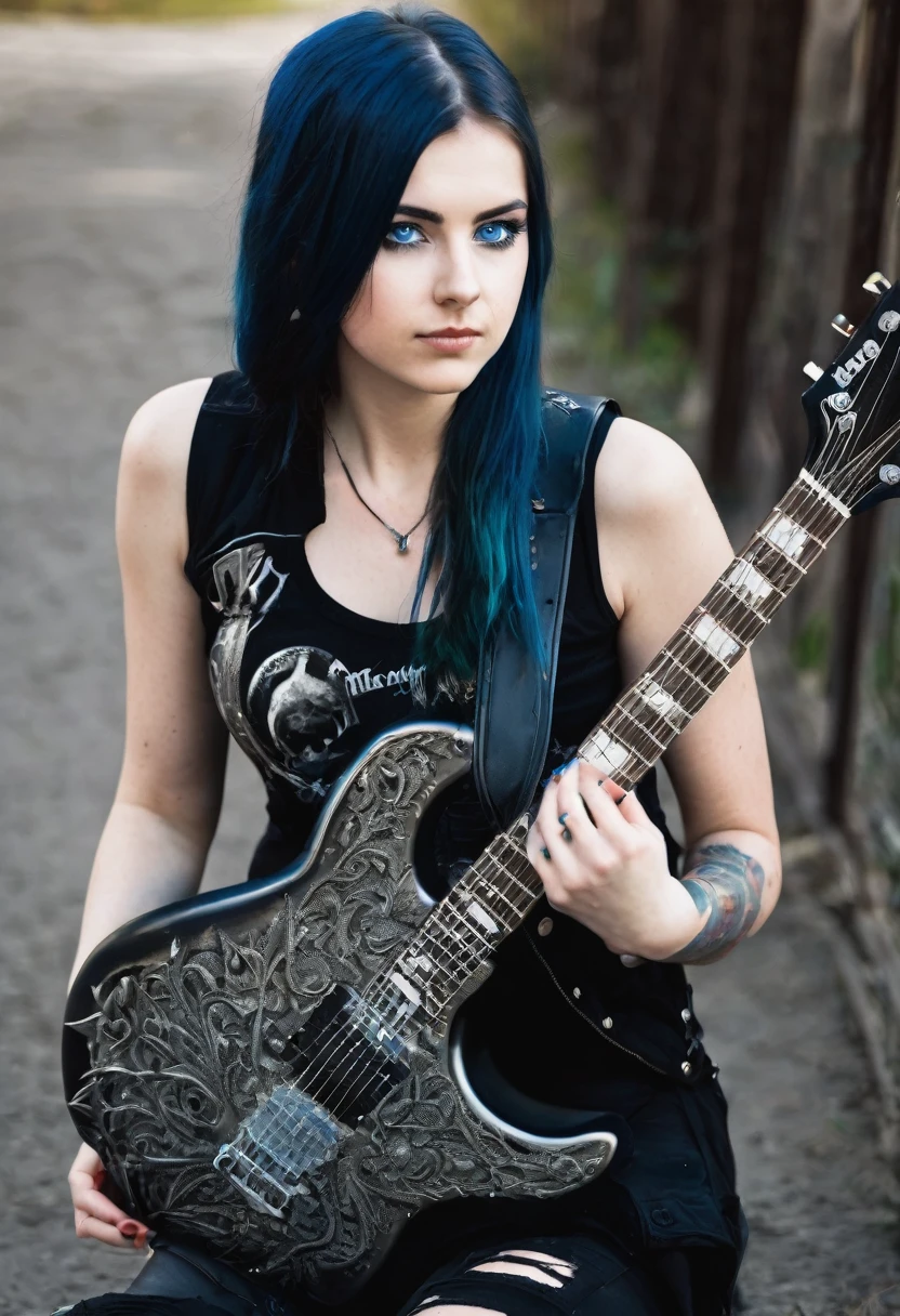 Young girl 24 years old , german traits, blue eyes, dressed in heavy metal style, playing a guitar