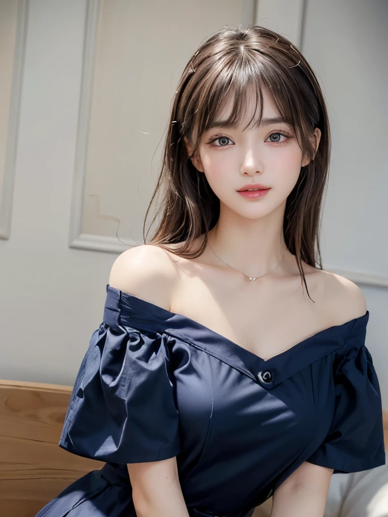 ((masterpiece: 1.3),8K, Realistic, RAW Photos, Highest quality: 1.4), (One Girl), beautiful顔, (Realistic Face), (Brown long hair: 1.3), bangs, Perfect dynamic composition,(High quality with attention to detail, Realistic depiction of eyes:1.3)、(((She is wearing a navy blue short-sleeved off-the-shoulder dress.、White panties, right eyes、blue sky))),The whole is facing forward、21talent、beauty、Well-formed face、Even out the eyes、beautiful黒髪、Banditium Build、Balanced ratio、beautiful足、Short sleeve blouse、Fresh face、beautiful景色、beautifulヘアスタイル, (bangs), (smile), smile, Realistic eyes, Gloss, highlight, highlight in the Eyes, eyelash, 目の中のbeautifulディテール, (Realistic Skin), Shooting from the air、beautiful肌, Transparency、(beautiful)、 bust, smile, teeth, Confused, charm, 超High resolution, Ultra-realistic, High resolution, Golden Ratio, clear eyes, Wet, Looking into the camera, ear, Shine, Long neck, double eyelid, Thin eyebrows、Big eyes, cheek, kind character, charm personality, kind, 圧倒的なcharm, bright personality