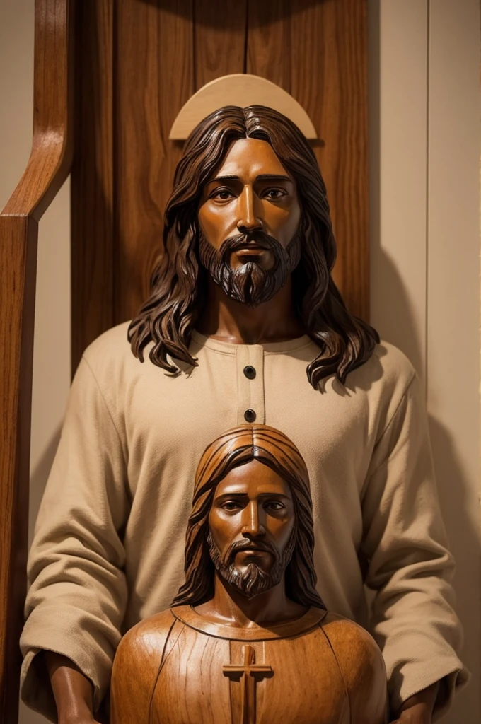 Make a picture of a sculpture of Jesus Christ made of wood with an African  next to it
