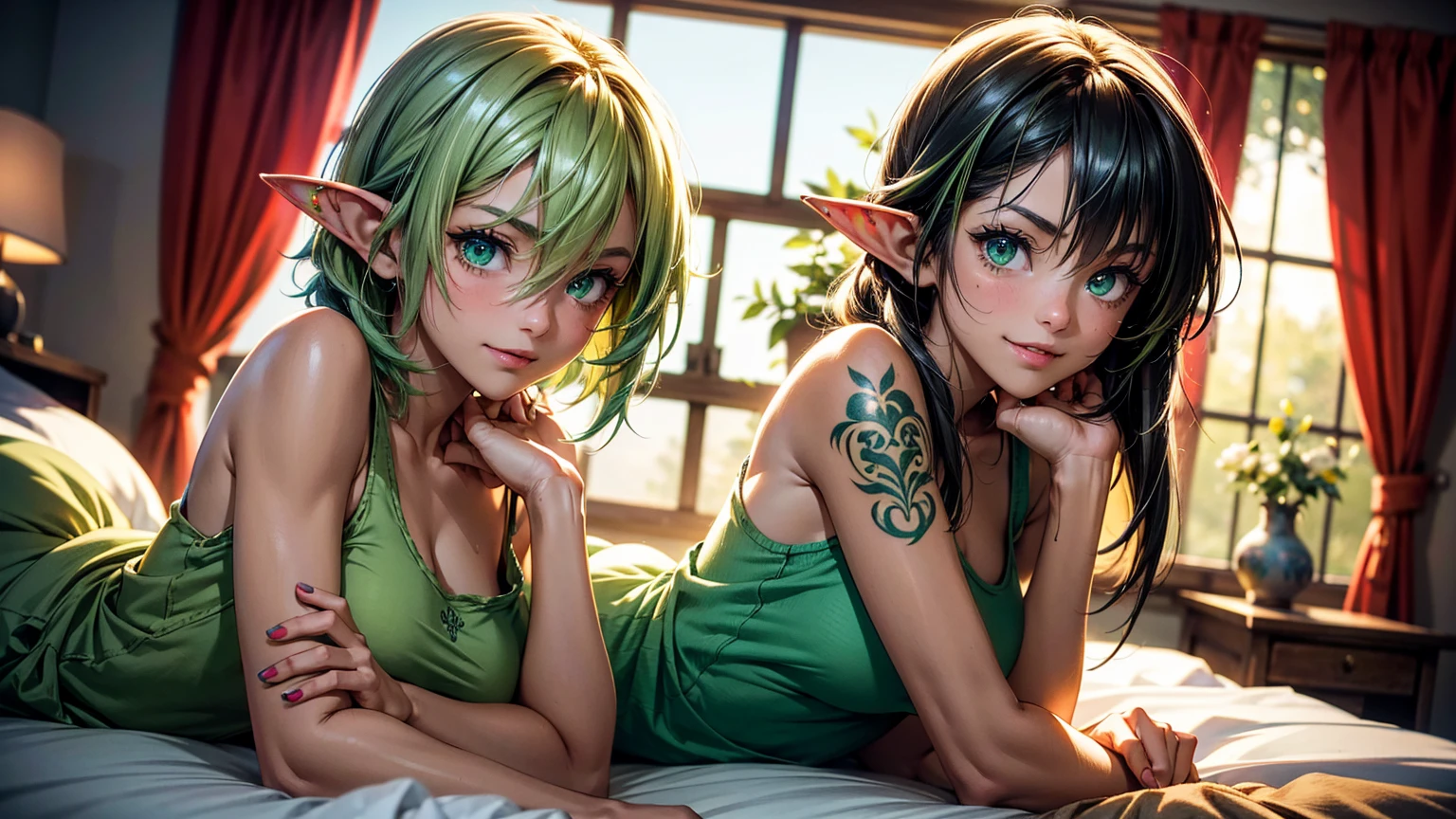 Create a 4K, highly detailed image of an goblin girl with light green skin and green eyes. She has shoulder-length messy green hair and medium breasts. The goblin girl is in her bedroom, posing confidently with a brash and happy demeanor. She is wearing a tank top and sleep shorts, showing off her perfect physique. Her beautiful face has a big grin, and she has scars and tattoos, adding to her brash and confident look. The room is cozy, with soft lighting and a warm atmosphere.