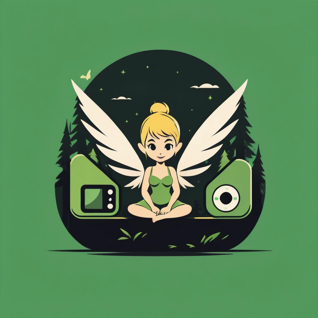 A logo for a video game company, with TinkerBell playing video games with a portable video game console, sitting in a forest, minimalist, of various shades of green.