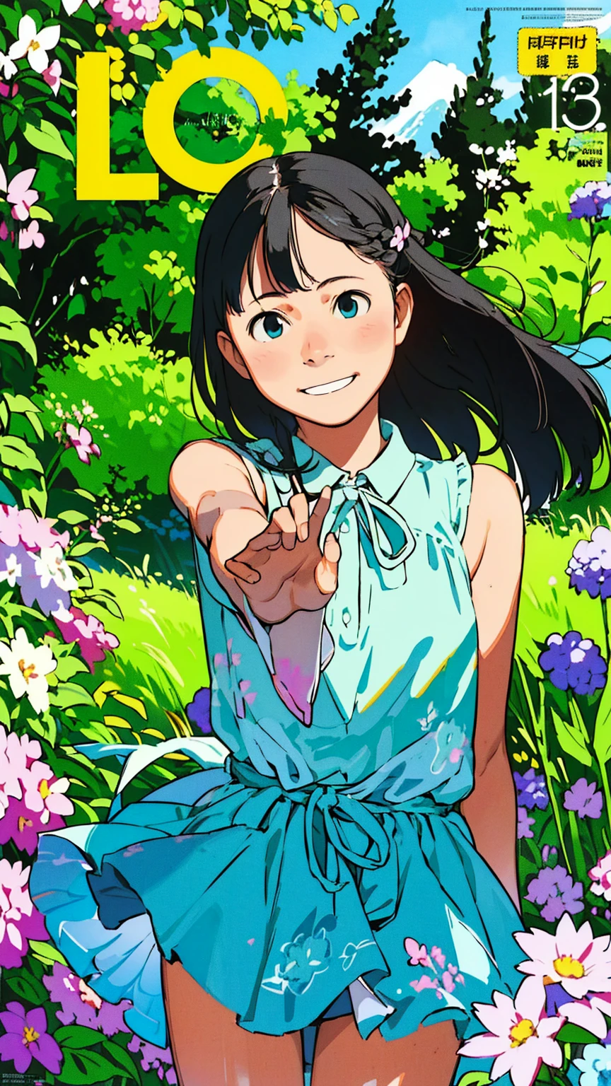 Reasonable design, Clear lines, High Sharpness, (Highest quality,8K,Perfect sharpness,Ultra fine,High resolution,masterpiece:1.2), Perfect Anatomy:1.5, Official Art, Illustrations that tell a story, (Whitish background:0. 9)、Body Positivity、多Mr.な身体表現、(Random and energetic poses)、Perfect beauty、Perfect beautiful face、Strong winds、A rich expression、Dynamic composition、smile、Golden ratio composition、colorful、((Mr.々Different angles and perspectives))、Anime Art、(Mini dress)、(Overcoming stereotypes)、 Glowing Skin、(Natural beauty)、smile、Bangs、(Soft and flowing hair)、(countryside)、(Nostalgic atmosphere)、Put it up to your thighs、(Playful and carefree)、(多Mr.な民族のキャラクター)、(innocent attitude)、(Sunny atmosphere)、(The skirt flutters wildly in the wind)、(Bright colors)、Beautiful Eyes、(Embarrassing)、Braided Hair、Summer Scene、Smiling among flowers、Fashion magazine cover、