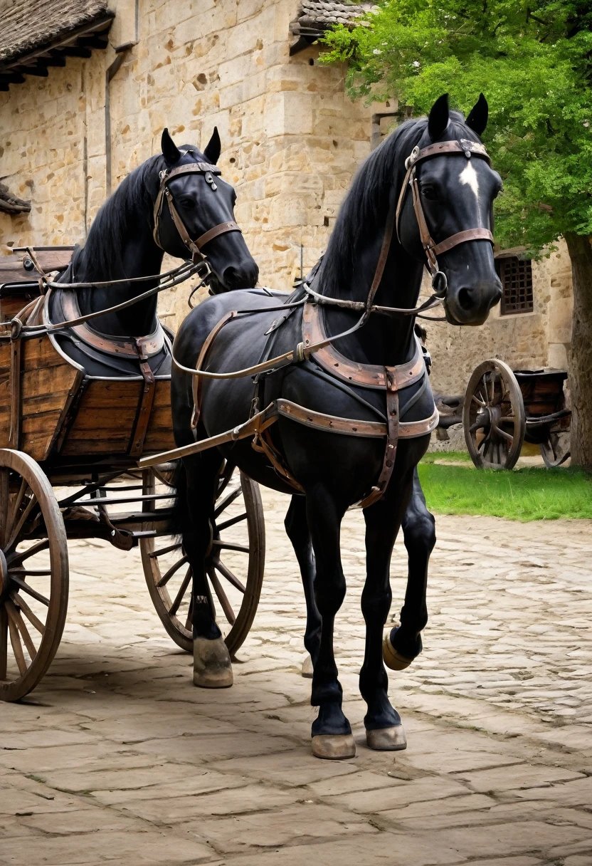 carts with wooden wheels , black horse, medieval era