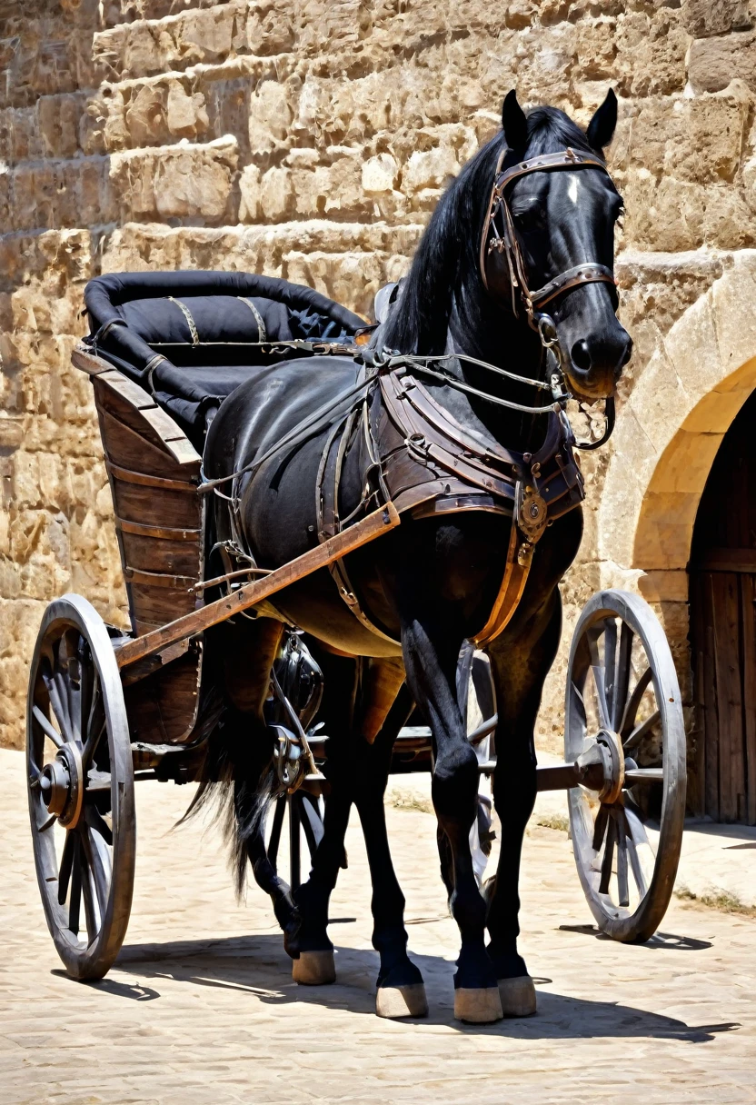 carts with wooden wheels , black horse,  medieval era