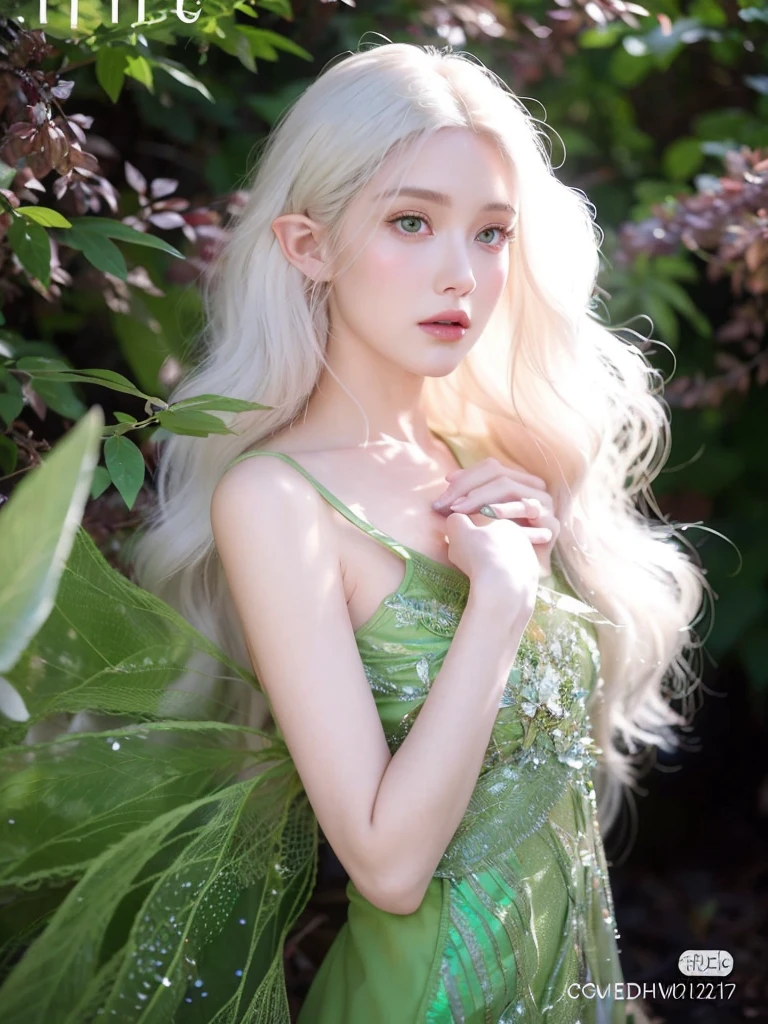 a close up of a woman in a green dress posing for a picture, very beautiful elven top model, with long white hair, with white long hair, long glowing ethereal hair, beautiful adult fairy, ellie bamber fairy, forest fairy, fairycore, fey queen of the summer forest, portrait of a fairy, beautiful elven princess, beautiful fairy, fantasy photoshoot