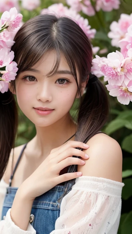 One Girl、(beautiful girl、Delicate girl:1.3)、(21 years old:1.3)、break、(Spring Clothes:1.3)、break、Very beautiful eyes、(Symmetrical eyes:1.3)、break、(Countless flowers、 a colorful flower field:1.3)、break、Small breasts、Brown eyes、(((short twintails)))、Show your forehead、Brown Hair、break、(Eye and facial details:1.0)、break、(masterpiece、Highest quality、Very detailed) 、Detailed face、8K)、Cowboy Shot、smile:1.4、see-through、Open your mouth a little、Off the shoulder、Round Glasses、Raise your hands、freckles、Drooping eyes、