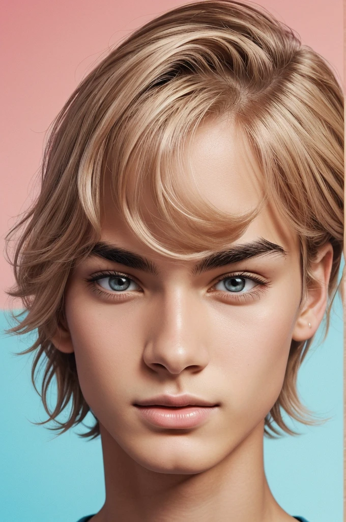 he is a man , He is light colored, Her hair is short wavy, has a thin face, his eyebrows are thick, beautiful, His eyes are honey colored, His eyelashes are long, his nose is thin, Her lips are full and pink, he is thin, wear casual clothes, he is American, he is 22 years old, He has cute gestures, his expression is love, gives a vibe of love, He has a look of knowing more about him, He is a Taurus sign., digital illustration of books. digital art 