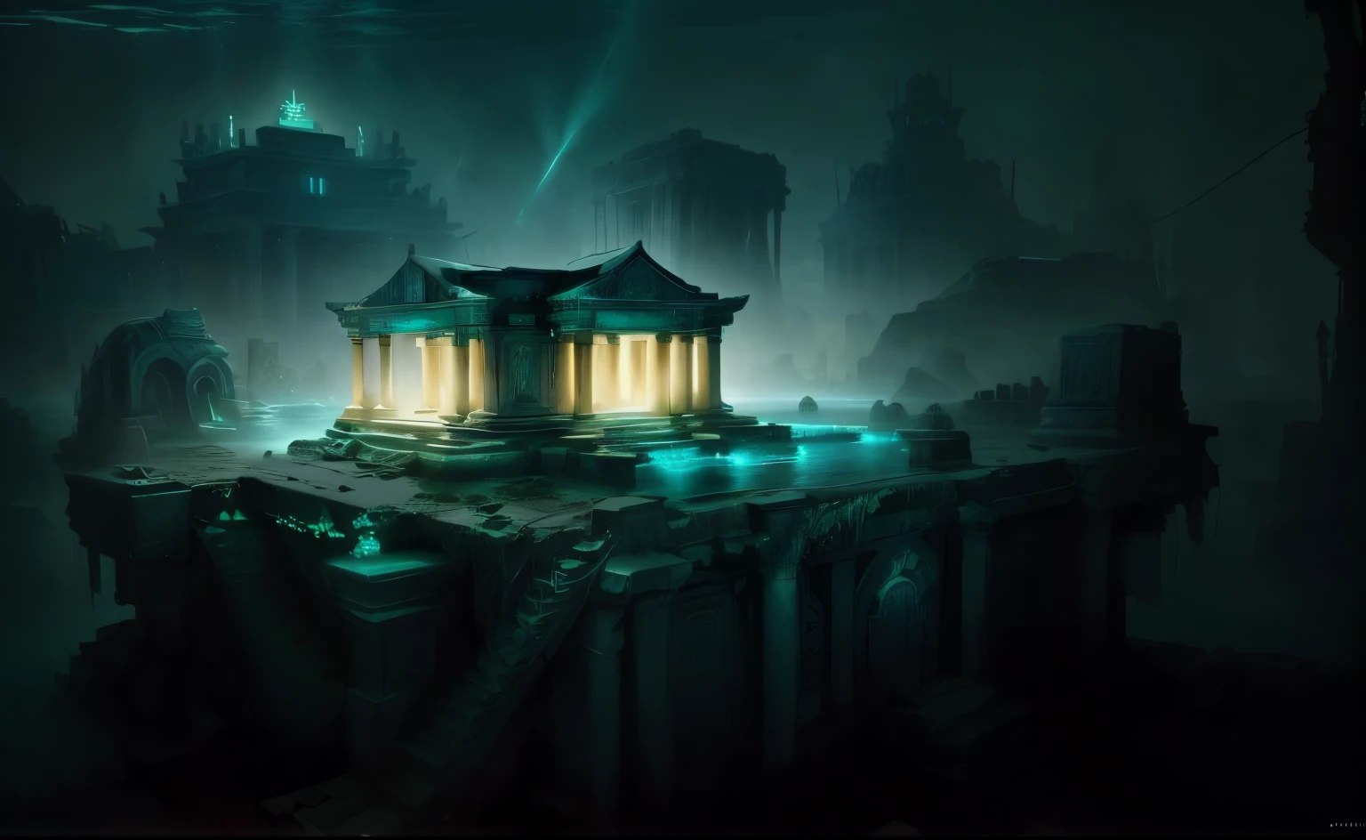 there is a small building in the middle of a city at night, submerged temple scene, eerie nostalgic concept art, underwater temple, the lost city of atlantis, an underwater city, lost city of atlantis, undersea temple, dramatic concept art, dramatic lighting. concept art, nazi u-boot , nazi subamarine near underwater city, submerged temple ritual scene, ancient. atmospheric lighting, luminescent matte painting