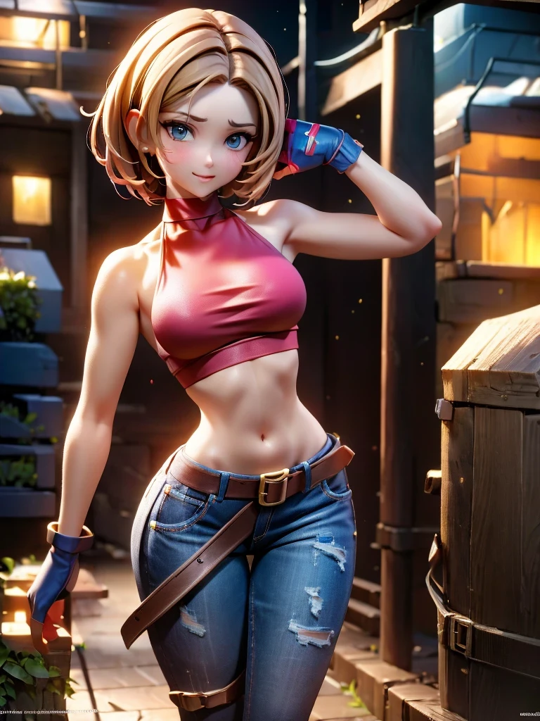 30 year old woman, alone, athletic, by the semi-cut ruby, she is wearing a tight red crop top, he wears blue jogger pants, has two belts, one small and the other a large belt hanging from his brown waist., wears blue fingerless gloves , he wears brown boots, smile at the viewer, points at the viewer, There is a little brown dog with white spots with her, high resolution, absurd, intricate, sharp focus, a New York alley in the background, Best Quality, Masterpiece, high resolution, Perfect picture, Very detailed, High contrast, Digital colors, simple, medium shot, cinematographic, ultra sharp focus, award-winning photography, perFect contrast, high sharpness, depth of field, ultra detailed photography, global illumination, fluid, ultra high definition, 8k, unreal engine 5, ultra-sharp focus, award-winning photography, Art Season Trends,
