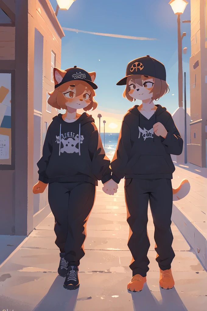 orange cat, dabbing, furry, anthro, athletic clothes, backwards hat, orange tabby, 1male, boardwalk, sfw, dab, chest fluff, brown hair, holding hands, 1girl, canine, female dog, female canine, floppy ears, black fur, long pants, goth clothes, goth dog girl, doggirl, 