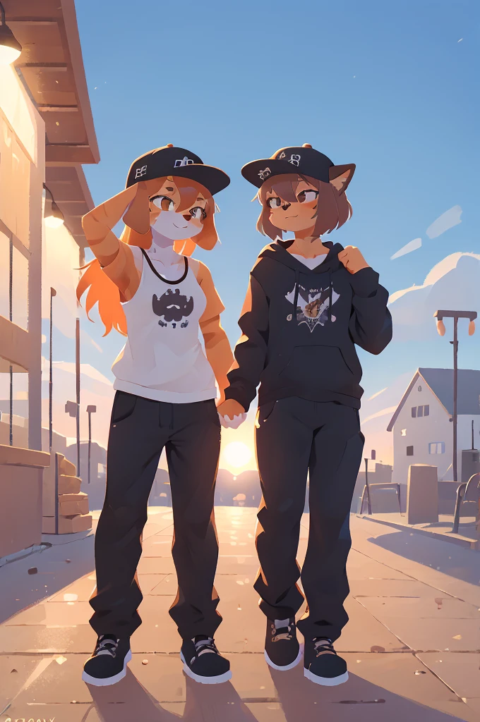 orange cat, dabbing, furry, anthro, athletic clothes, backwards hat, orange tabby, 1male, boardwalk, sfw, dab, chest fluff, brown hair, holding hands, 1girl, canine, female dog, female canine, floppy ears, black fur, long pants, goth clothes, goth dog girl, doggirl,