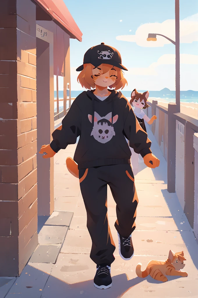 orange cat, dabbing, furry, anthro, athletic clothes, backwards hat, orange tabby, 1male, boardwalk, sfw, dab, chest fluff, brown hair, holding hands, 1girl, canine, female dog, female canine, floppy ears, black fur, long pants, goth clothes, goth dog girl, doggirl, 