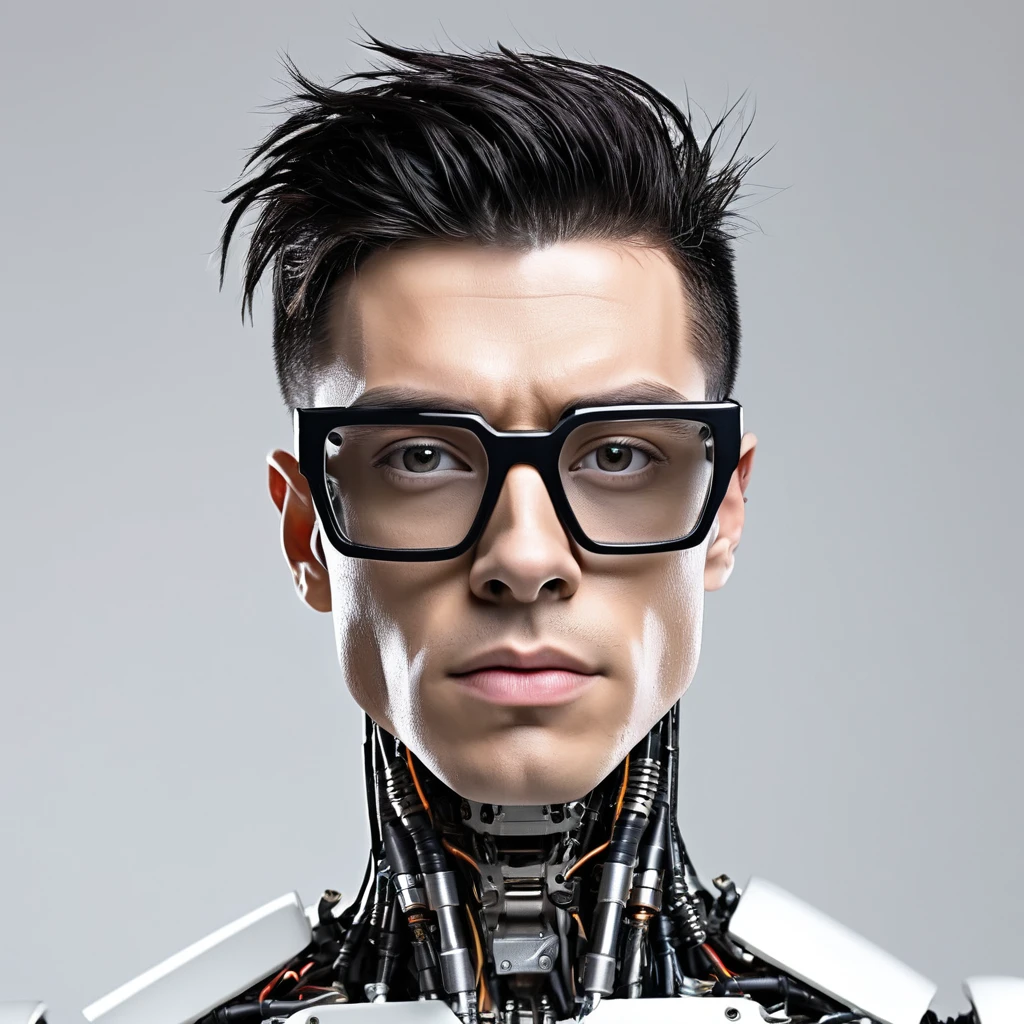 Male robot body hair with black-rimmed glasses with undercut hair, Look to the camera ::futuristic cyberpunk style ,realistic styling ::n_digital painting style, robotic parts, face perfect::seed 1、Black Edged Hair、large nose、Black-based clothing, photo by full body, White background
