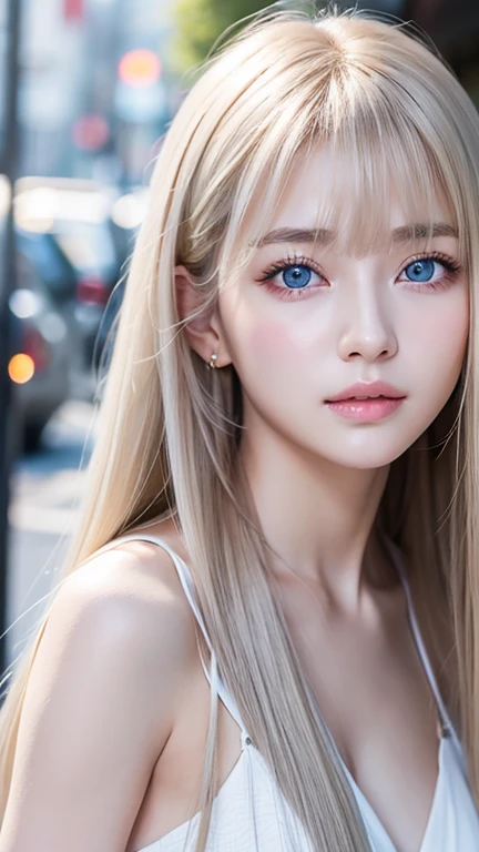 1 female , Super long hair, Beautiful and cute 17-year-old girl、Beautiful Bangs、Very beautiful face、Bright expression、Beautiful Blue Eyes, Very big eyes、bright platinum blonde、Straight long hair、Eyebrows behind the bangs、、、Textured white skin, Attention to detail, Highest quality, 4K High Resolution、Shiny skin、Cheek gloss highlighter、Bust of a Rich Man