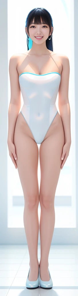 On a white background,A tall and beautiful Chinese girl,with fair skin,Toothy smile,A big smile,When you laugh, Your eyes are crescent-shaped,blunt bangs, long straight hair,Wear a one-piece swimsuit and pumps,Swimsuits are decorated with joyful patterns, Stand up straight,Stand upright,hands on sides,Symmetrical distribution,Ray tracing,All shaded areas,No windows, Soft lighting, Warm light, flood light, n, Studio light, 1.4x Realistic Ultra HD