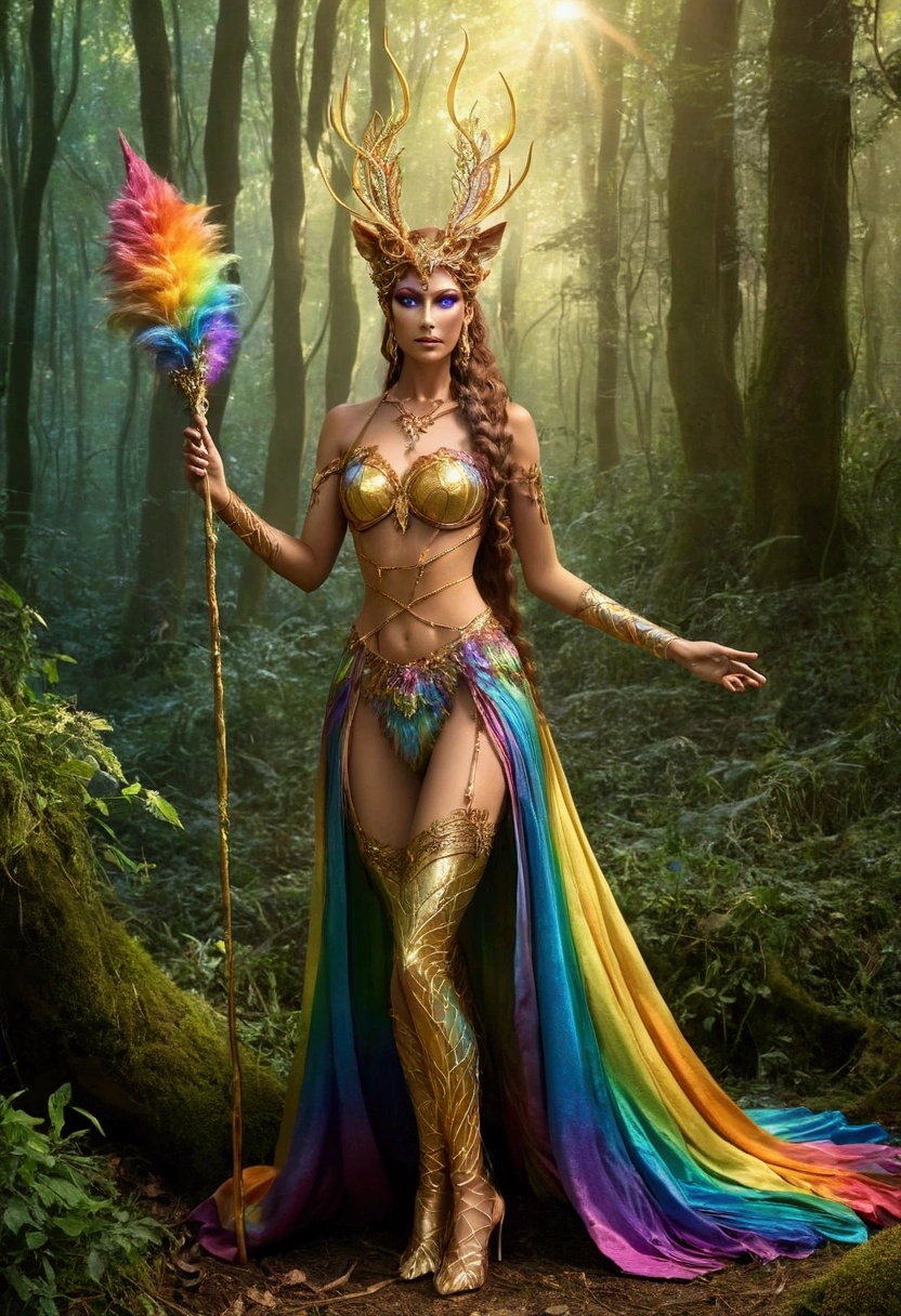 A beautiful, enchantingly elusive humanoid faunus woman, every aspect exudes magic in the midst of danger: shimmering rainbow fur, ethereal golden horn, and eyes that seem to hold the secrets of the universe. The mystical creature is surrounded by a lush, enchanted forest, bathed in the soft light of the setting sun, creating a dreamlike atmosphere that transports viewers to a realm of fantasy and wonder. This breathtaking image is a digital painting that captures the essence of the mythical creature with stunning detail and masterful technique, making it a truly mesmerizing work of art.