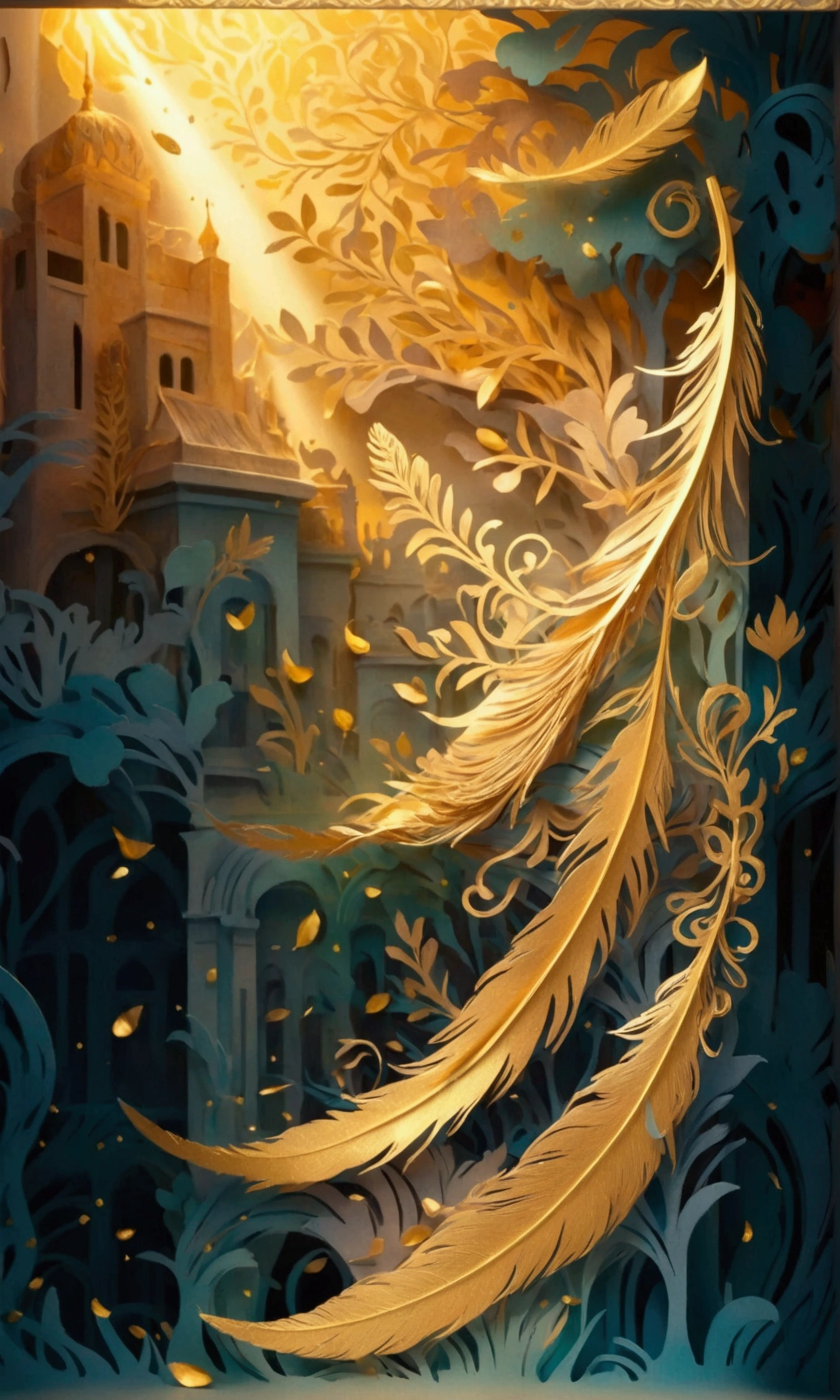 pop up book with paper Cutting art of golden feathers and magical symbols, intricate, gold patterns, in the background the book emanates a golden light and a burst of wind revolves the mist and colored fog of the room, thick wavy Brush strokes, Digital illustration. brush strokes, watercolor, golden rays and beautiful landscape, fantastic art, dreamy atmosphere, rainbow waves, Peaceful environment, close up, (best quality, masterpiece)