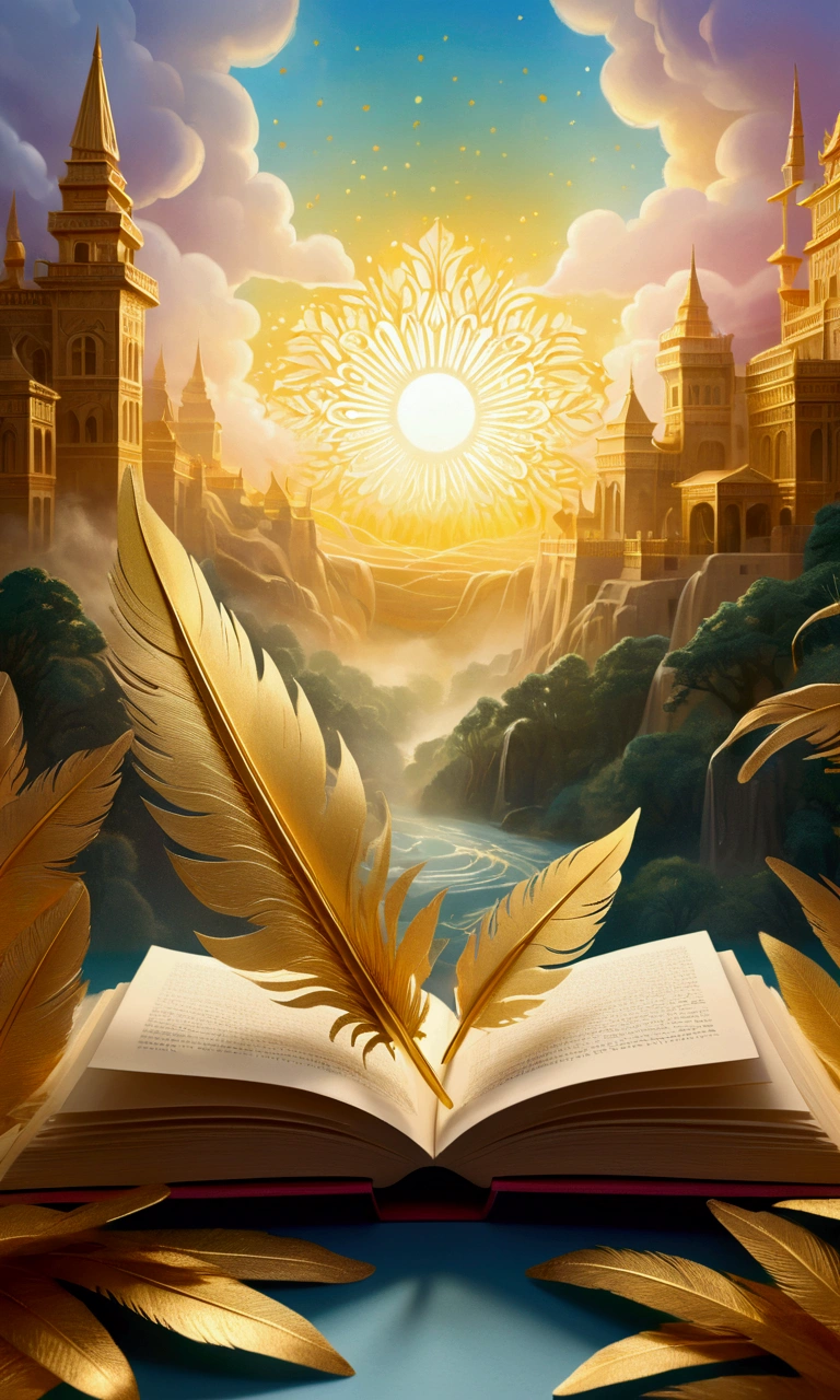 pop up book with paper Cutting art of golden feathers and magical symbols, intricate, gold patterns, in the background the book emanates a golden light and a burst of wind revolves the mist and colored fog of the room, thick wavy Brush strokes, Digital illustration. brush strokes, watercolor, golden rays and beautiful landscape, fantastic art, dreamy atmosphere, rainbow waves, Peaceful environment, close up, (best quality, masterpiece)