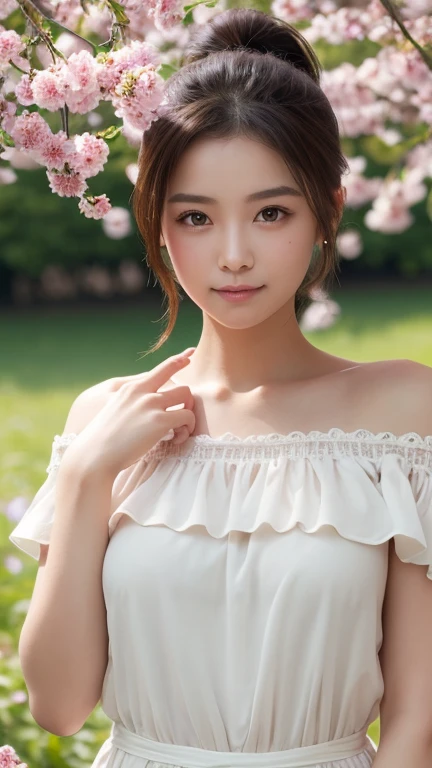 One Girl、（beautiful girl、Delicate girl：1.3）、（21 years old：1.3）、break、（Spring Clothes：1.3）、break、Very beautiful eyes、（Symmetrical eyes：1.3）、break、（Countless flowers、 a colorful flower field:1.3)、break、Small breasts、Brown eyes、(((ponytail)))、Show your forehead、Brown Hair、break、(Eye and facial details:1.0)、break、(masterpiece、Highest quality、Very detailed) 、Detailed face、8K）、Cowboy Shot、smile:1.4、see-through、Open your mouth a little、Off the shoulder、Round Glasses、Raise your hands、freckles、Drooping eyes、