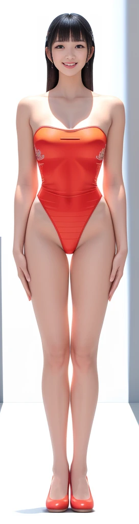On a white background,A tall and beautiful Chinese girl,with fair skin,Toothy smile,A big smile,When you laugh, Your eyes are crescent-shaped,blunt bangs, long straight hair,Wear a one-piece swimsuit and pumps,Swimsuits are decorated with joyful patterns, Stand up straight,Stand upright,hands on sides,Symmetrical distribution,Ray tracing,All shaded areas,No windows, Soft lighting, Warm light, flood light, n, Studio light, 1.4x Realistic Ultra HD