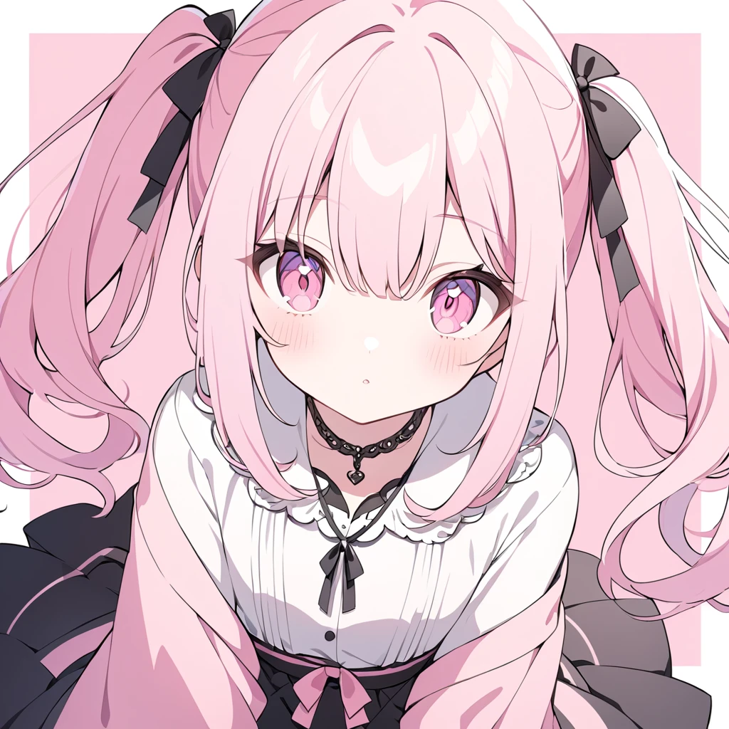 a girl with light pink hair and has two pigtails with black ribbons, pink eyes, pink and black necklace, white blouse with a small pink bow in the middle, pink sleeves, short pink and black skirt, pink eyes
