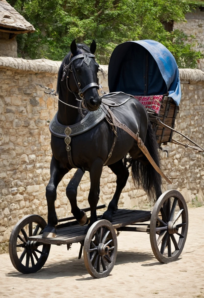 carts with wooden wheels , black horse, medieval era