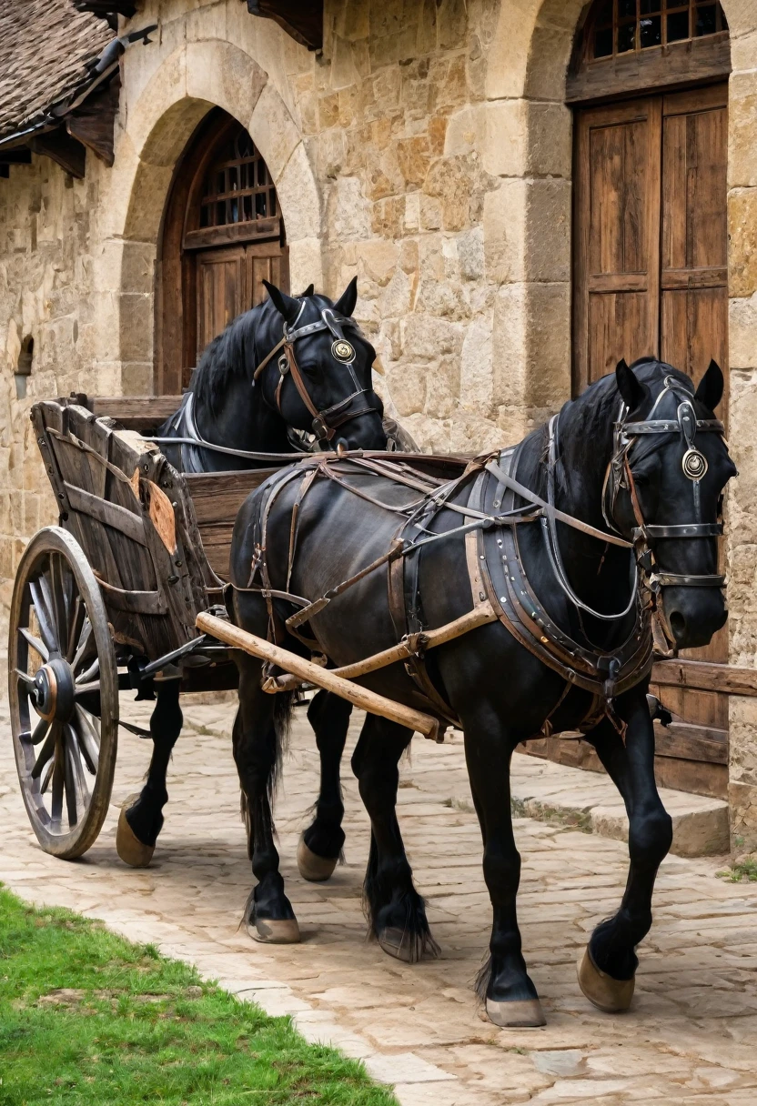 carts with wooden wheels , black horse, medieval era