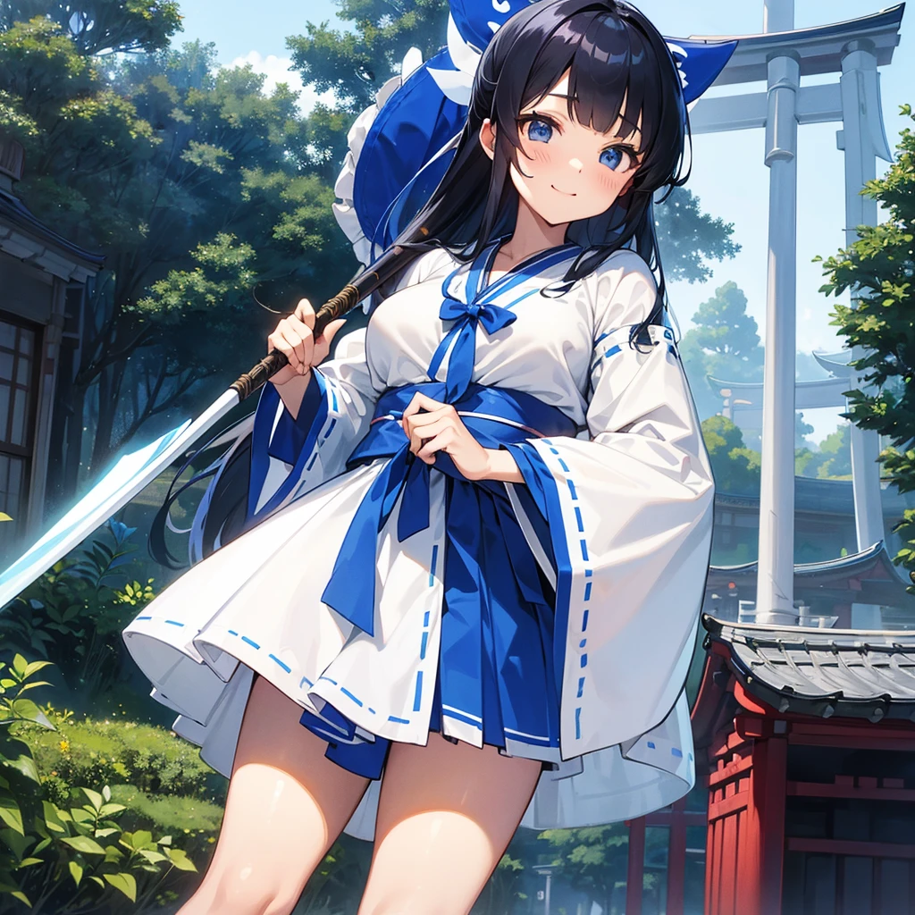 Highest quality、hyper quality, highly detailed, (((gripping Spear))), The best smile、(((Blue and white shrine maiden costume))), (((青いmicro mini skirt))), Black hair straight、long hair、I don't wear anything on my feet、Blue Big Ribbon、Large slit eyes、Straight bangs、Big Breasts、Blue sleeves、A girl about 17 years old、Height: 165cm、Are standing、Shrine Background