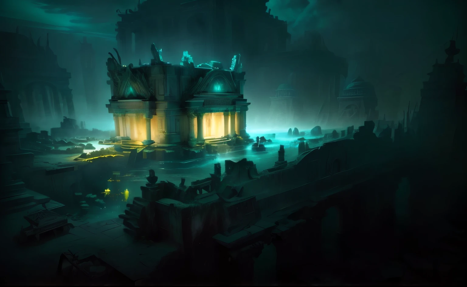 there is a small building in the middle of a city at night, submerged temple scene, eerie nostalgic concept art, underwater temple, the lost city of atlantis, an underwater city, lost city of atlantis, undersea temple, dramatic concept art, dramatic lighting. concept art, nazi u-boot , nazi subamarine near underwater city, submerged temple ritual scene, ancient. atmospheric lighting, luminescent matte painting