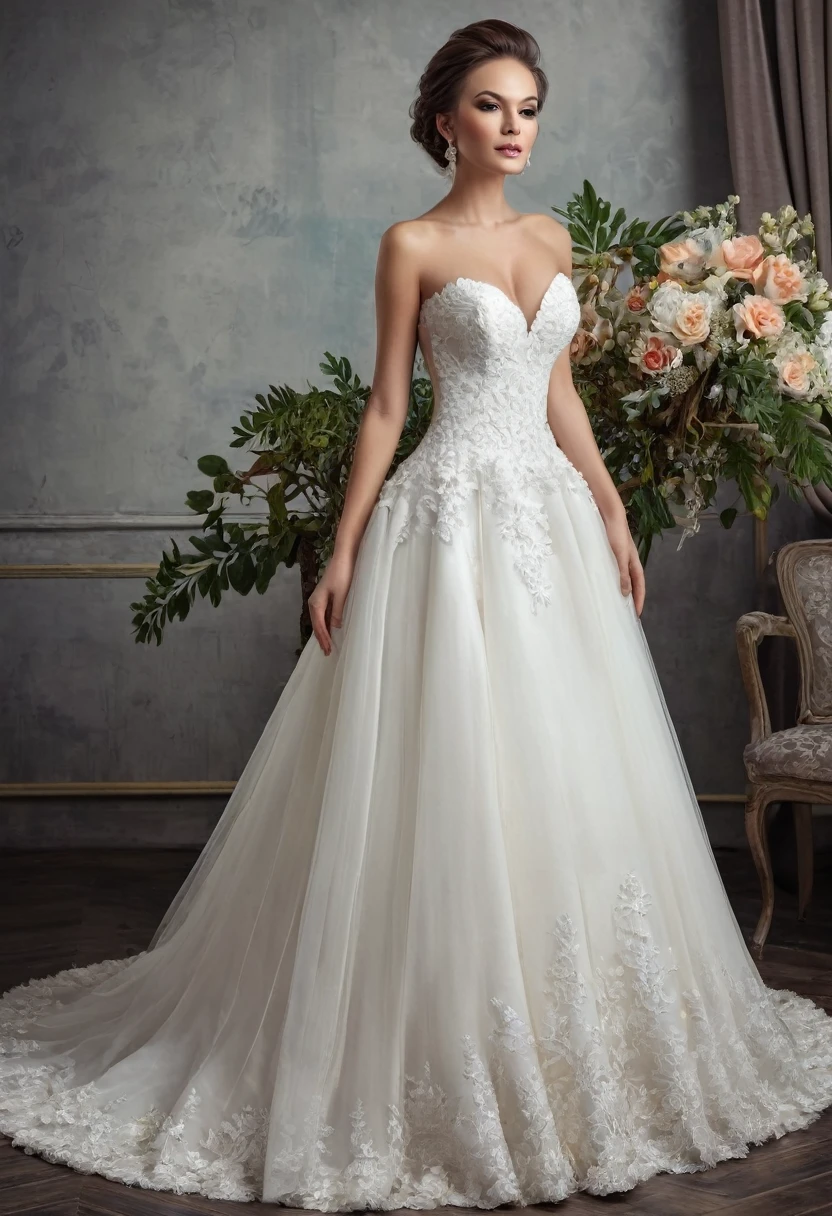 Beautiful woman, beautiful bride dresses, beautiful style, beautiful makeup, full length 