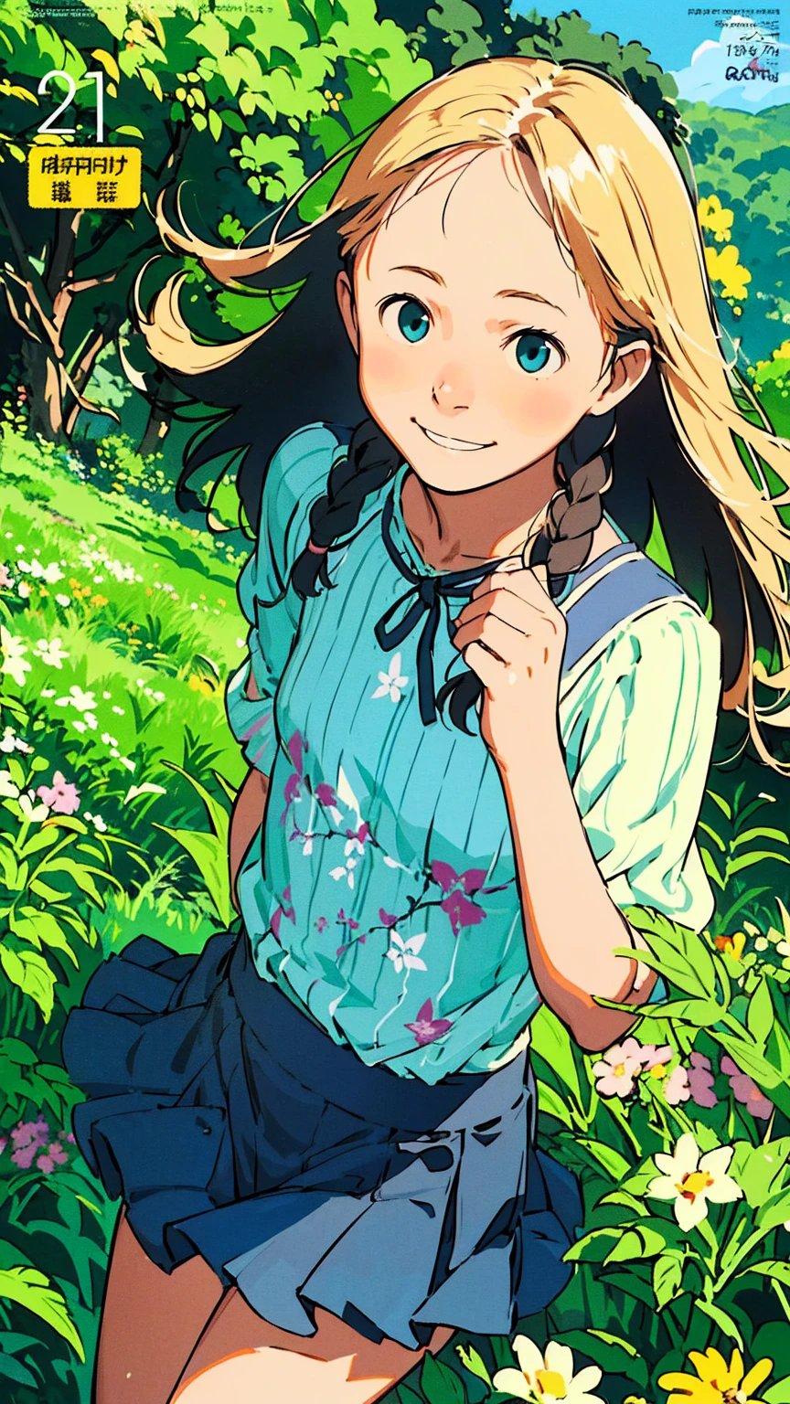 Reasonable design, Clear lines, High Sharpness, (Highest quality,8K,Perfect sharpness,Ultra fine,High resolution,masterpiece:1.2), Perfect Anatomy:1.5, Official Art, Illustrations that tell a story, (Whitish background:0. 9)、Body Positivity、多Mr.な身体表現、(Random and energetic poses)、Perfect beauty、Perfect beautiful face、Strong winds、A rich expression、Dynamic composition、smile、Golden ratio composition、colorful、((Mr.々Different angles and perspectives))、Anime Art、(Mini dress)、(Overcoming stereotypes)、 Glowing Skin、(Natural beauty)、smile、Bangs、(Soft and flowing hair)、(countryside)、(Nostalgic atmosphere)、Put it up to your thighs、(Playful and carefree)、(多Mr.な民族のキャラクター)、(innocent attitude)、(Sunny atmosphere)、(The skirt flutters wildly in the wind)、(Bright colors)、Beautiful Eyes、(Embarrassing)、Braided Hair、Summer Scene、Smiling among flowers、Weekly magazine cover、