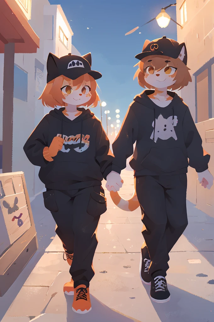 orange cat, dabbing, furry, anthro, cat in athletic clothes, backwards hat, orange tabby, 1male, boardwalk, sfw, dab, chest fluff, brown hair, holding hands, 1girl, canine, female dog, female canine, floppy ears, black fur, long pants, goth clothes, goth dog girl, doggirl, tripp pants