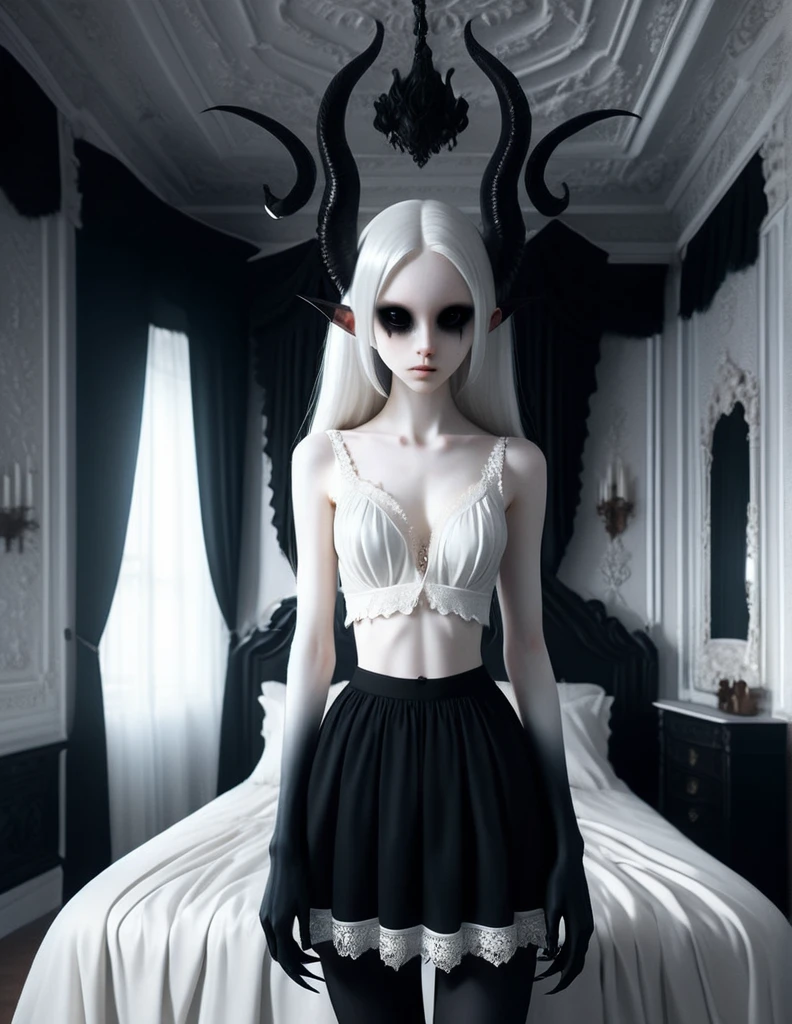 pale skin demon girl, wearing white top and black a-line skirt, in bedroom with evil seductive vibe , ( black gradient arms and legs:1) , white hair , well lit a realistic baroque bedroom, white canopy over bed, white drapes, damask patterns, intricate details, in the style of Vittorio Matteo Corcos, intricate detail