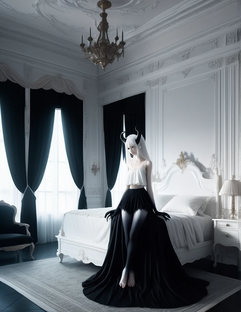 pale skin demon girl, wearing white top and black a-line skirt, in bedroom with evil seductive vibe , ( black gradient arms and legs:1) , white hair , well lit a realistic baroque bedroom, white canopy over bed, white drapes, damask patterns, intricate details, in the style of Vittorio Matteo Corcos, intricate detail