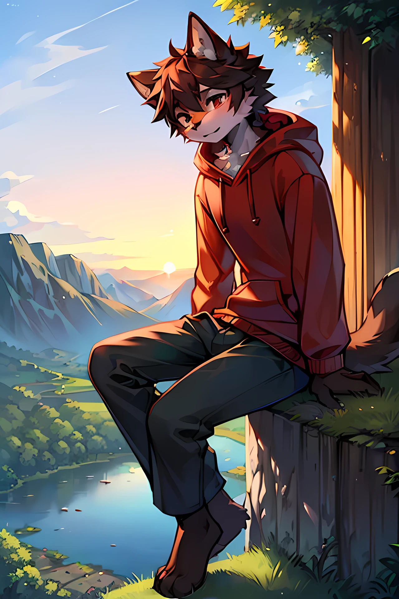 Anthropomorphic furry Cat character sitting on the edge of a cliff overlooking an evening sky over a lake with green grassy hills in the background. The furry cat character should have a fluffy chest and should only be wearing a wine red hoodie with no pants. His legs should be fluffy.