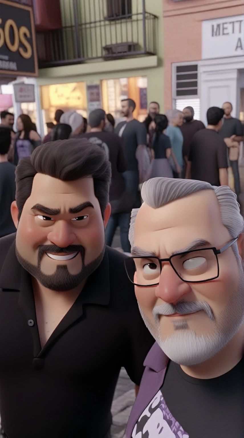 3D cinematic film.(caricature:0.2). 4K, highly detailed, 1 Man smiling, fat 36 years old, goatee and black hair, black button-down shirt, 1 man smiling, gray hair and beard, grape-colored shirt over black t-shirt, busy street